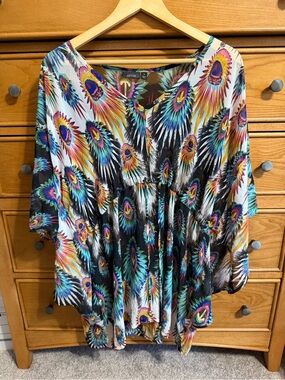 Womens Kimono Style Peacock Feather Top Size M Sheer Drawstring Waist Whimsical